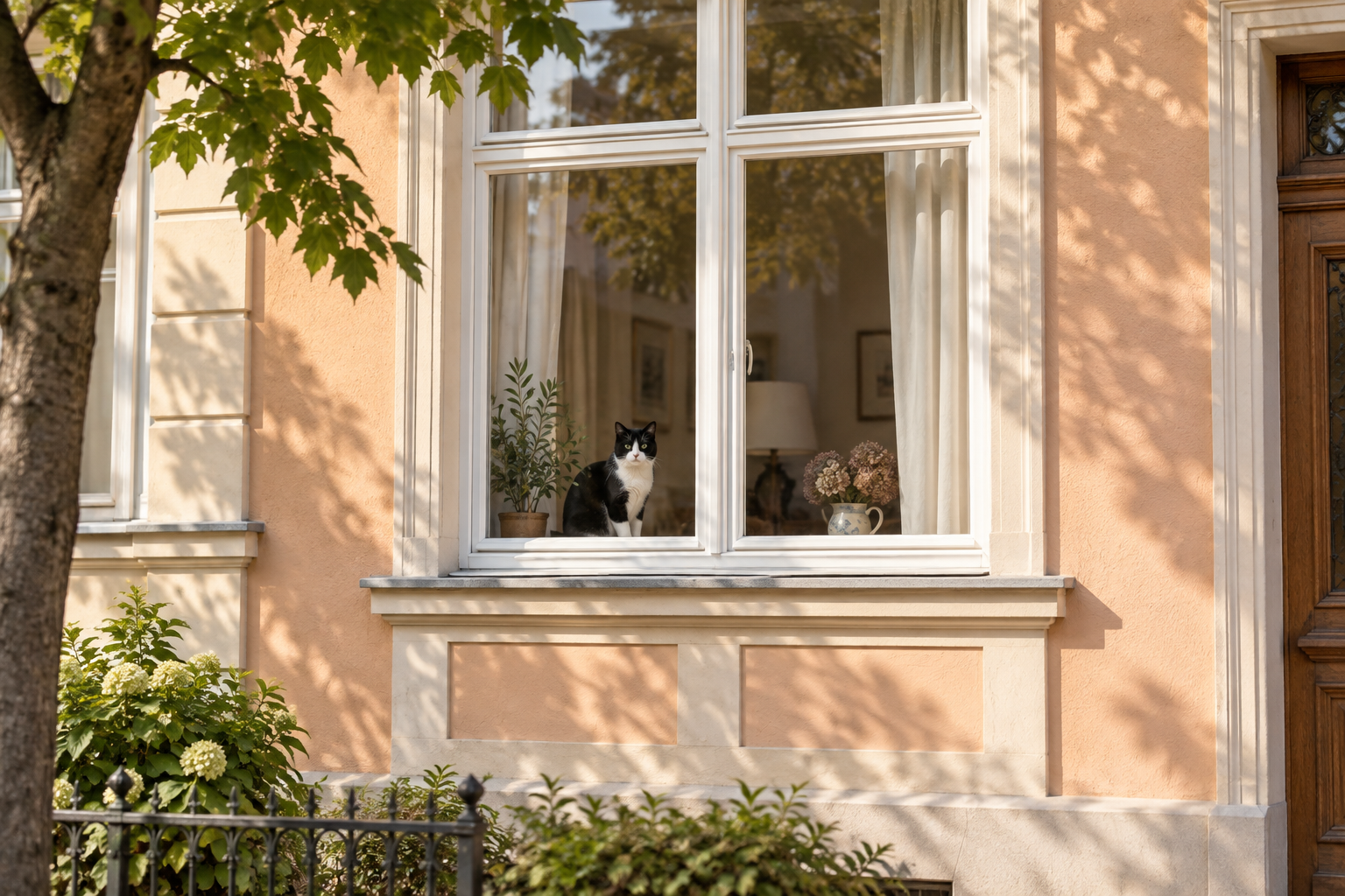 Warme Wohnhausfassade mit Katze hinter einem Fenster