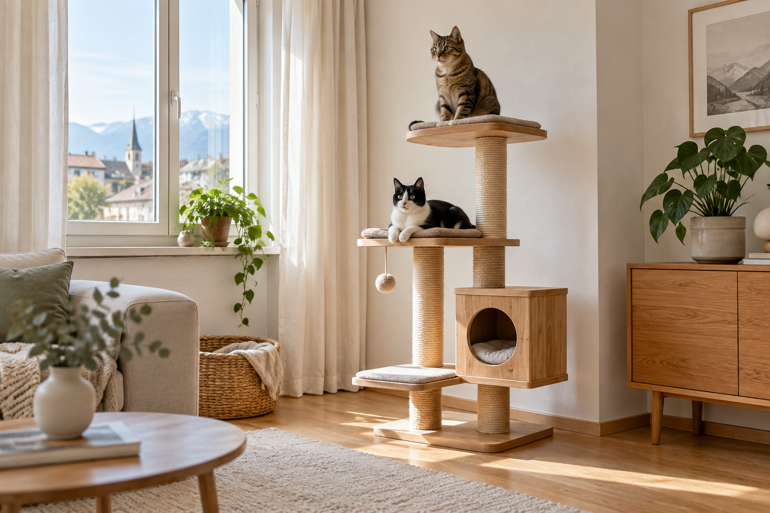 Zwei Katzen auf unterschiedlichen Ebenen eines Kratzbaums in einer Wohnung
