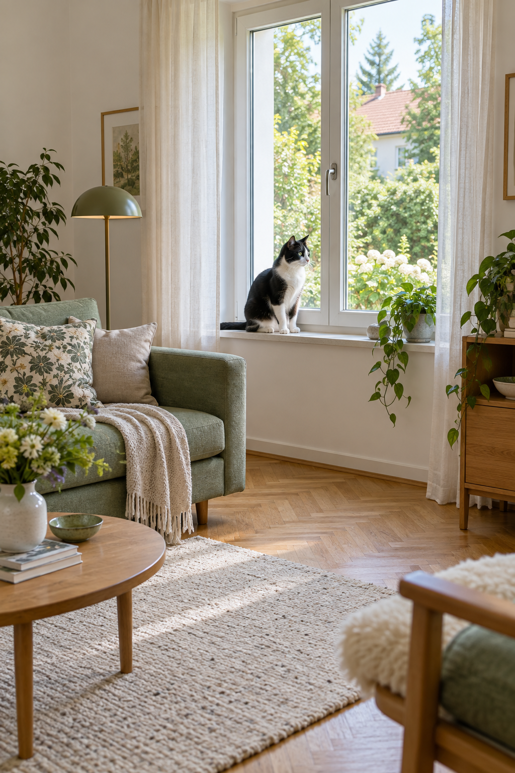 Katze an einem hellen Wohnfenster neben einem Sofa