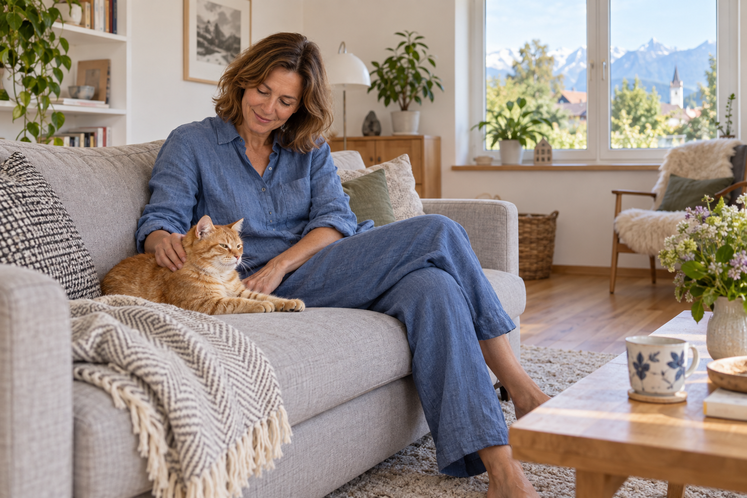 Frau und Katze in einem hellen Wohnraum